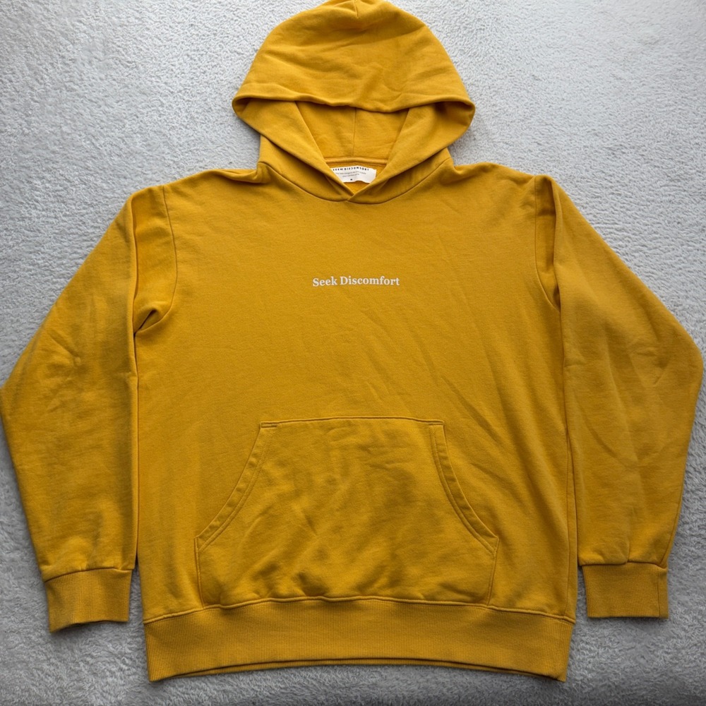 Seek Discomfort Mens‎ Organic Cotton Hoodie Yellow Pullover Medium Yes Theory